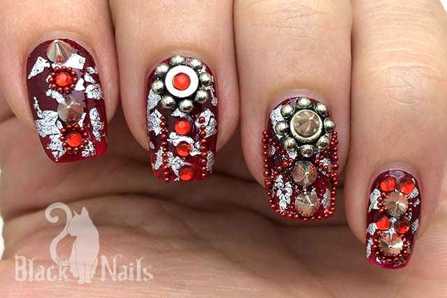 Red Ombre And Silver Foil Spikes And Studs Nail Art Black