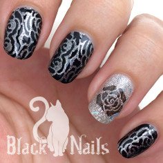 Black & Silver Rose Theme Nail Art
