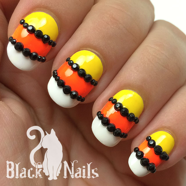 Candy Corn Stripes And Studs Halloween Nail Art Black Cat Nails